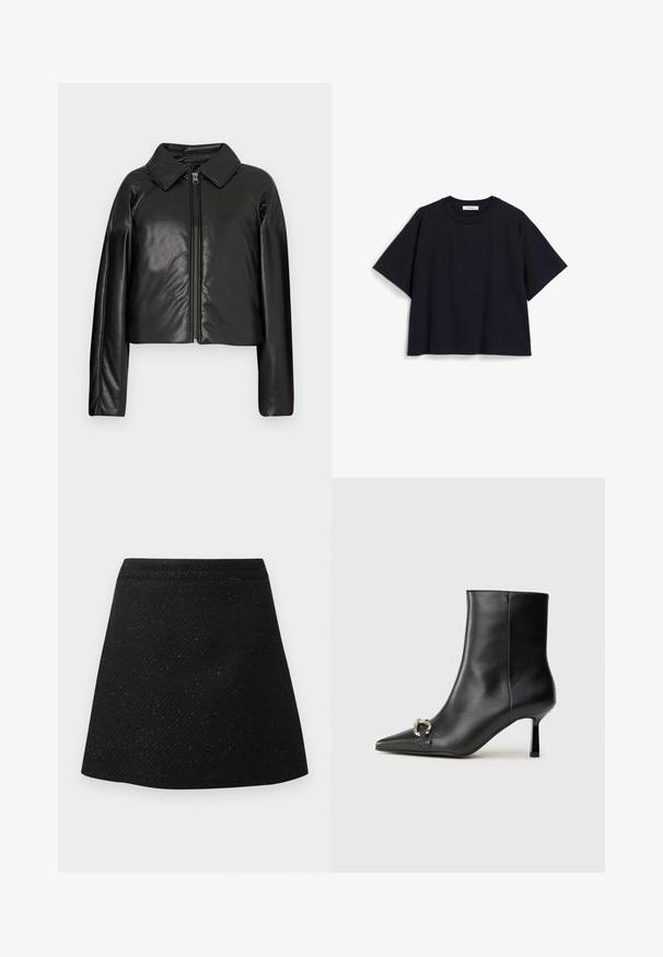 Mustat tekonahkaiset lyhyet takit, joissa on kauluksessa oleva kaulus ja vetoketjukiinnitys. Ominaisuuksiin kuuluu pitkät hihat ja sileä, kiiltävä pinta.; T-paita lyhyillä hihoilla, tummansininen, pehmeää puuvillaa, rento istuvuus, pyöreä kaula-aukko ja minimalistinen muotoilu. Ei näkyviä kuvioita tai korostuksia.; Mustat hameet, jotka on valmistettu teksturoidusta kankaasta, näyttävät istuvalta vyötäröltä ja levenevältä muotoilultaan. Yksinkertainen, tasainen väri ilman näkyviä kuvioita tai aksentteja.; Musta nahkasaapas nilkkapituisilla, terävillä kärjillä, hoikalla keskipituisella korolla ja hopeavöillä sivussa yksinkertaista taustaa vasten.