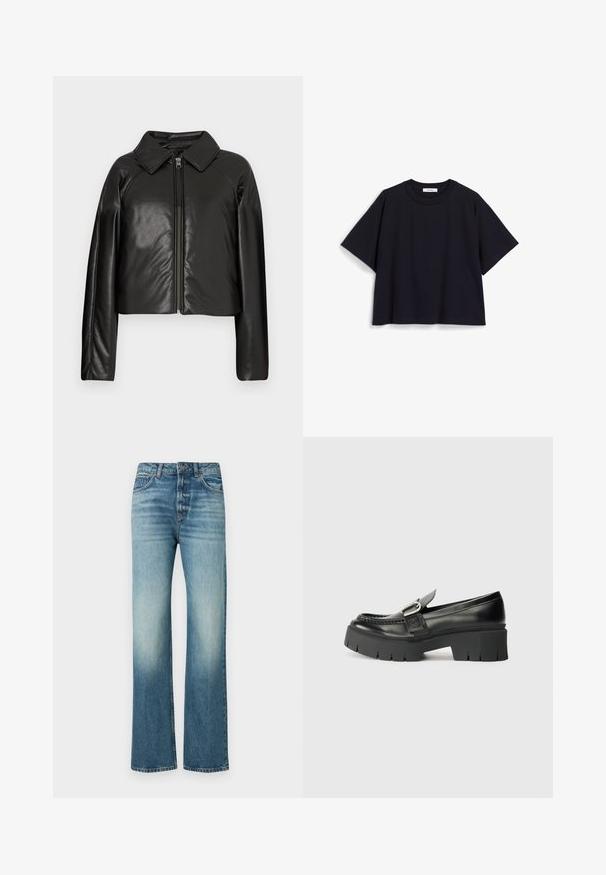 Juodas dirbtinės odos trumpas švarkas su koloratu ir užtrauktuku. Turi ilgomis rankovėmis ir lygią, blizgią tekstūrą.; Tamsiai mėlyna trumpomis rankovėmis marškinėliai pagaminti iš minkštos medvilnės, pasižymintys laisvu siluetu, apvaliu kaklu ir minimalistiniu dizainu. Be matomų raštų ar akcentų.; Pilkos džinsinio audinio kelnės su tiesiu kirpimu, išblukusiu paviršiumi, penkių kišenių stiliumi ir metaliniu mygtuku juosmens srityje.; Juodi odiniai loafersai su storu guminiu padu. Yra sagties akcentas ir siuvinėjimo detalės viršuje. Lygus kulnas.