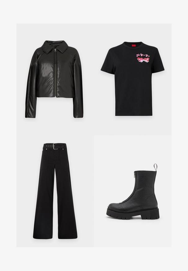 Černá faux kůže zkrácená bunda s límečkem a zipem. Obsahuje dlouhé rukávy a hladký, lesklý povrch.; Černé bavlněné tričko s krátkými rukávy, které má na levé straně hrudi růžovou grafiku slunečních brýlí a text "Nejsem tvoje holka".; Černé široké kalhoty vyrobené z bavlny, s vysokým pasem, velkými bočními kapsami a opaskem s kovovými akcenty v barvě stříbra.; HUGO KRIS BOOTIE - Kotníkové boty na platformě - black