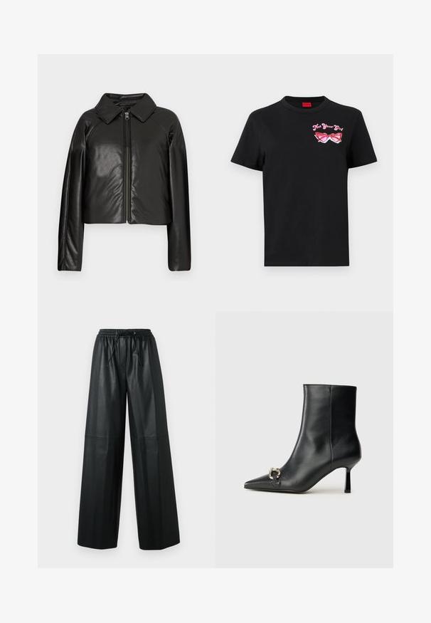 Zwarte faux leren cropped jack met een kraag en ritssluiting. Heeft lange mouwen en een soepele, glanzende textuur.; Zwarte katoenen t-shirt met korte mouwen, featuring een roze grafiek van een zonnebril en de tekst "Not Your Girl" op de linkerborst.; Zwarte leren wijde broeken met een elastische tailleband, trekkoorddetail en een gladde textuur. Kenmerkt inzetstukken aan de voorkant.; Zwarte leren enkelboot met spitse neus, slanke middenhoge hak en zilveren gespdetail aan de zijkant op een effen achtergrond.