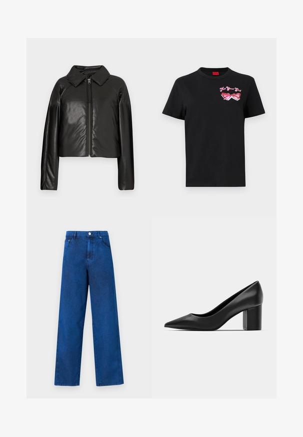 Chaqueta corta de imitación piel negra con cuello con solapa y cierre de cremallera. Presenta mangas largas y una textura suave y brillante.; Camiseta de algodón negra de manga corta con un gráfico rosa de gafas de sol y el texto "No soy tu chica" en el área del lado izquierdo del pecho.; Pantalones de mezclilla anchos de tiro alto en azul, con detalles de costura, bolsillos frontales y cierre de botón metálico.; Zapato de charol negro con puntera afilada y tacón cuadrado ancho. Textura suave, diseño simple, adecuado para entornos formales.