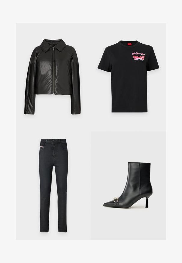Chaqueta corta de imitación piel negra con cuello con solapa y cierre de cremallera. Presenta mangas largas y una textura suave y brillante.; Camiseta de algodón negra de manga corta con un gráfico rosa de gafas de sol y el texto "No soy tu chica" en el área del lado izquierdo del pecho.; Jeans de mezclilla negra con un corte ajustado. Las características incluyen cinco bolsillos, un cierre de cremallera y una etiqueta de logo sutil en el bolsillo delantero.; Botín negro de cuero hasta el tobillo con punta afilada, tacón delgado de altura media y detalle de hebilla plateada en el lateral, sobre un fondo liso.