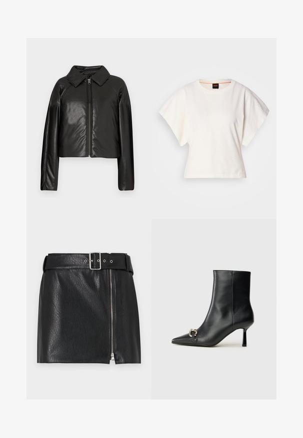 Chaqueta corta de imitación piel negra con cuello con solapa y cierre de cremallera. Presenta mangas largas y una textura suave y brillante.; Camiseta blanca recortada, con mangas cortas y anchas, material de algodón suave, cuello redondo con un sutil ribete naranja, diseño minimalista, sin patrones ni gráficos.; Minifalda de cuero negro con acabado texturizado, cuenta con un cinturón ancho con hebilla plateada y cierre lateral con cremallera.; Botín negro de cuero hasta el tobillo con punta afilada, tacón delgado de altura media y detalle de hebilla plateada en el lateral, sobre un fondo liso.