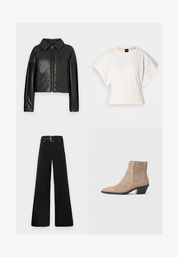Čierna koženková skrátená bunda s golierom a zipsovým uzáverom. Má dlhé rukávy a hladký, lesklý povrch.; Biely skrátený tričko, krátke široké rukávy, mäkký bavlnený materiál, okrúhly výstrih s jemným oranžovým lemovaním, minimalistický dizajn, bez vzorov alebo grafiky.; Čierne nohavice so širokými nohavicami vyrobené z bavlny, s vysokým pásom, veľkými bočnými vreckami a opaskom s prackou so striebornými detailmi.; Béžová semišová členková obuv s špicatou špičkou a tvarovaným opätkom, s vertikálnymi prešívaniami na stranách.