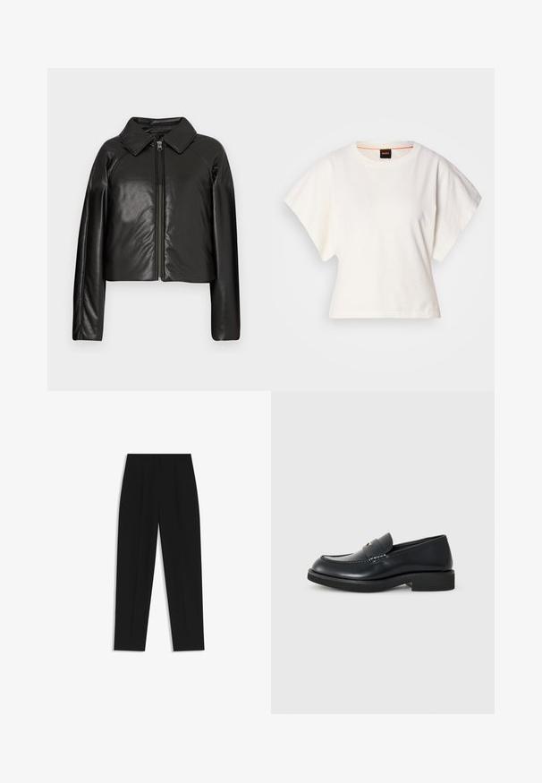 Zwarte faux leren cropped jack met een kraag en ritssluiting. Heeft lange mouwen en een soepele, glanzende textuur.; Witte gecropte T-shirt, korte brede mouwen, zachte katoenmaterialen, ronde halslijn met subtiele oranje rand, minimalistisch ontwerp, geen patronen of graphics.; Zwarte broeken met een rechte pasvorm, voorzien van dubbele plooien, een zachte textuur en een klassiek taillebandontwerp. Geen zichtbare hardware of accenten.; Zwarte leren instapper met een ronde neus, gestikte details en een platte rubberen zool. Beschikt over een decoratieve band over de wreef.