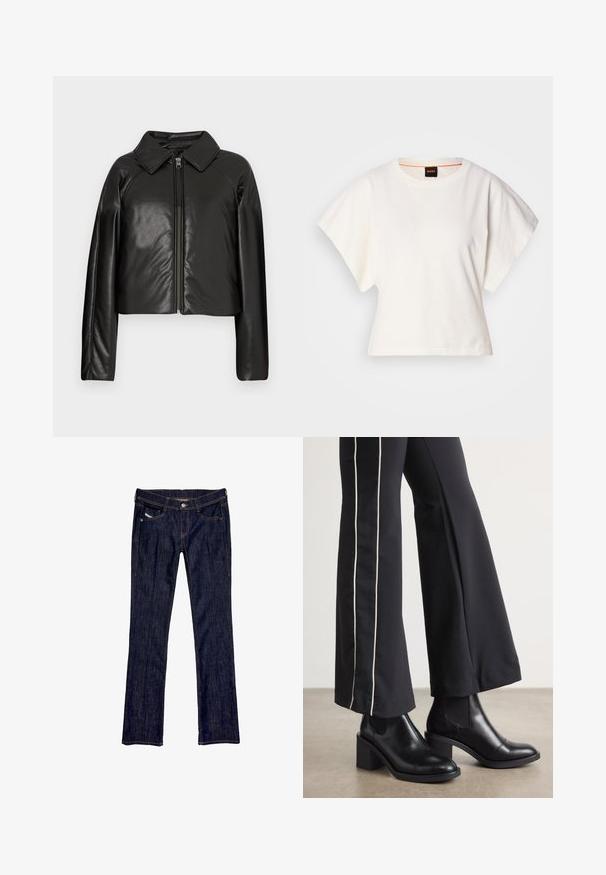 Black faux leather cropped jacket with a collared neckline and zip closure. Features long sleeves and smooth, glossy texture.; White cropped T-shirt, short wide sleeves, soft cotton material, round neckline with subtle orange trim, minimal design, no patterns or graphics.; Dark blue denim jeans with a straight leg design, featuring a front button closure, five pockets, and visible stitching along the seams.; Black leather ankle boots with a block heel, featuring elastic side panels. Paired with black pants that have a white side stripe.