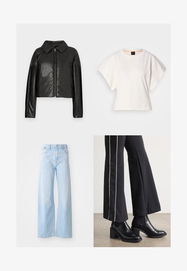 Mustat tekonahkaiset lyhyet takit, joissa on kauluksessa oleva kaulus ja vetoketjukiinnitys. Ominaisuuksiin kuuluu pitkät hihat ja sileä, kiiltävä pinta.; Valkoinen lyhythihainen t-paita, leveät lyhyet hihat, pehmeää puuvillamateriaalia, pyöreä pääntie jossa hienovarainen oranssi reunus, minimaalinen muotoilu, ei kuvioita tai graafisia elementtejä.; Vaaleansiniset leveät farkut, jotka on valmistettu denimistä. Farkuissa on korkea vyötärö, etutaskut, nappikiinnitys ja ommeltu helma.; Mustat nahkasaappaat nilkkapituisilla, lohkareella, joissa on joustavat sivupaneelit. Yhdistetty mustiin housuihin, joissa on valkoinen sivuraita.