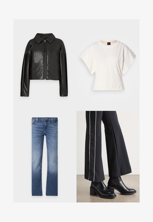 Sort kunstlæder cropped jakke med krave og lynlåslukning. Har lange ærmer og en glat, blank tekstur.; Hvid cropped T-shirt, korte brede ærmer, blødt bomuldsstof, rund halsudskæring med diskret orange kant, minimalistisk design uden mønstre eller grafik.; Blå denimjeans med lige pasform, der har et slidtegnede design, fem lommer og hardware i sølvfarve ved taljen.; Sorte læder ankelstøvler med blokhæle, udstyret med elastiske sidepaneler. Kombineret med sorte bukser, der har en hvid side stripe.