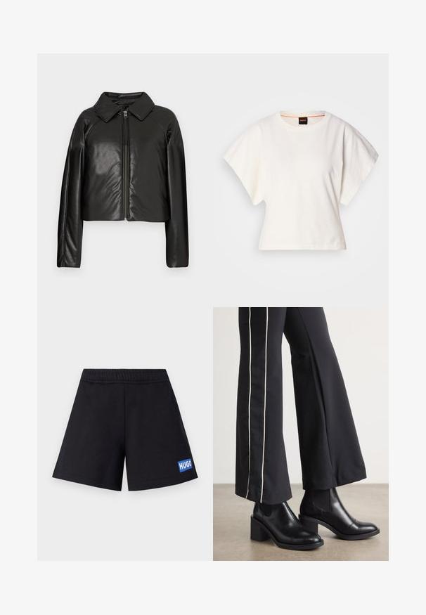 Mustat tekonahkaiset lyhyet takit, joissa on kauluksessa oleva kaulus ja vetoketjukiinnitys. Ominaisuuksiin kuuluu pitkät hihat ja sileä, kiiltävä pinta.; Valkoinen lyhythihainen t-paita, leveät lyhyet hihat, pehmeää puuvillamateriaalia, pyöreä pääntie jossa hienovarainen oranssi reunus, minimaalinen muotoilu, ei kuvioita tai graafisia elementtejä.; Mustat shortsit, joissa on rento istuvuus, joustava vyötärö ja sininen "HUGO"-logo vasemmassa reidessä; valmistettu pehmeästä, hengittävästä materiaalista.; Mustat nahkasaappaat nilkkapituisilla, lohkareella, joissa on joustavat sivupaneelit. Yhdistetty mustiin housuihin, joissa on valkoinen sivuraita.