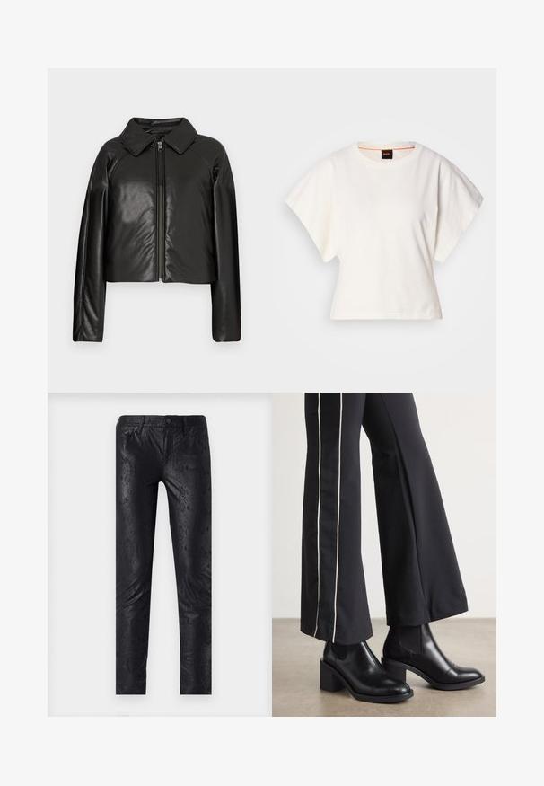 Melnā mākslīgā āda īsā jaka ar apkakles apkakli un rāvējslēdzēja aizdari. Iespējas garas piedurknes un gluda, spīdīga tekstūra.; Balts īsais T-krekls, plašas īsas piedurknes, mīksts kokvilnas materiāls, apaļa kakla izgriezums ar delikātu oranžu apdari, minimāls dizains, bez rakstiem vai grafikām.; Melnas mākslīgās ādas bikses ar čūsku rakstu, šaura piegriezuma dizains un standarta piecu kabatu stils ar pogu aizdari.; Melnas ādas potīšu zābaki ar blokveida papēdi, aprīkoti ar elastīgām sānu paneļiem. Kombinēti ar melniem biksēm, kuru sānos ir baltas svītras.