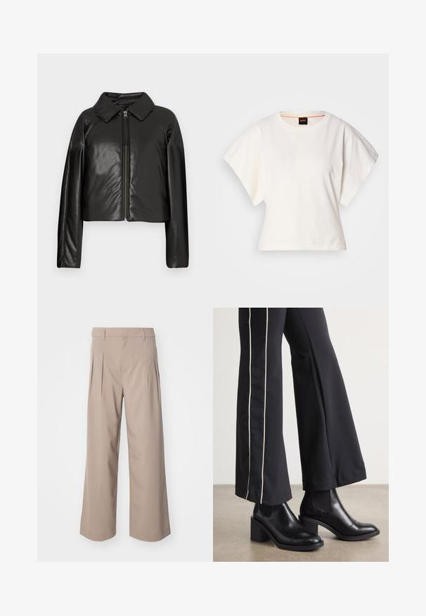 Schwarze Kunstleder-Cropped-Jacke mit Kragen und Reißverschluss. Mit langen Ärmeln und glatter, glänzender Textur.; Weißes, kurzes T-Shirt, kurze weite Ärmel, weicher Baumwollstoff, runder Ausschnitt mit subtilen orangefarbenen Akzenten, minimales Design, keine Muster oder Grafiken.; Beige Weitbeinhosen mit Falten, aus glattem Stoff gefertigt. Verfügt über eine mittelhohe Taille und eine klare, maßgeschneiderte Silhouette.; Schwarze Lederstiefeletten mit einem Blockabsatz, ausgestattet mit elastischen seitlichen Einsätzen. Kombiniert mit schwarzen Hosen, die einen weißen Seitenstreifen haben.