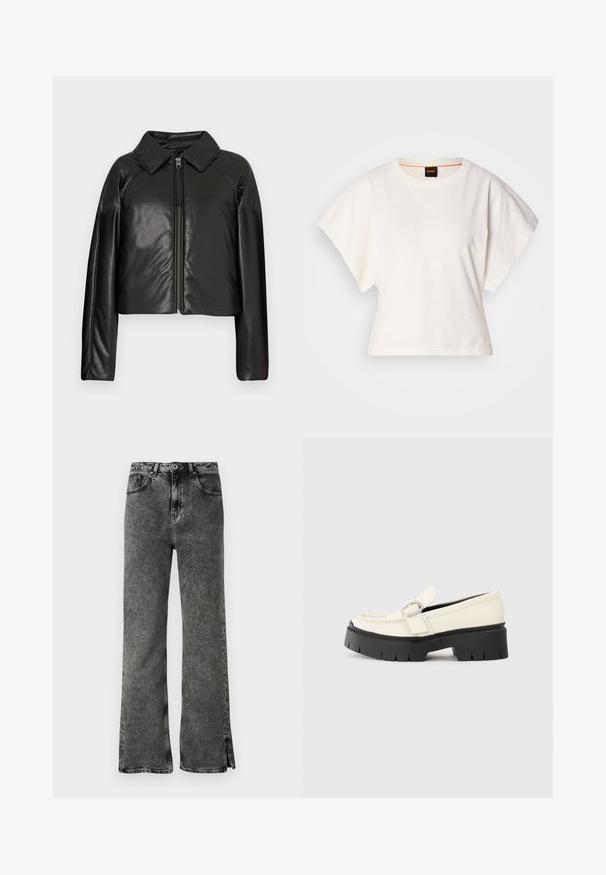 Črna jakna iz umetnega usnja s kratkim krojem, z ovratnikom in zadrgo. Ima dolge rokave in gladko, sijajno teksturo.; Bela skrajšana majica s kratkimi širokimi rokavi, mehka bombažna tkanina, okrogla ovratnica z diskretnim oranžnim robom, minimalističen dizajn, brez vzorcev ali grafike.; Črne široke kavbojke z zbledelim pranjem, visokim pasom in stranskimi rezi na robu. Narejene iz denima z gladko teksturo in klasičnim petim žepom.; Bela usnjena loafer čevlja z debelim črnim podplatom, ki ima pravokotno srebrno zaponko in vidne šive na zgornjem delu.