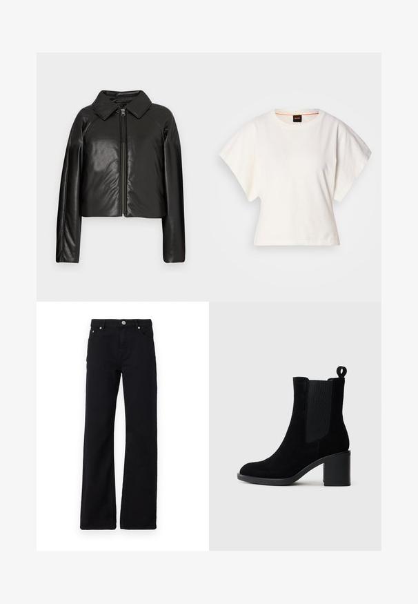 Juodas dirbtinės odos trumpas švarkas su koloratu ir užtrauktuku. Turi ilgomis rankovėmis ir lygią, blizgią tekstūrą.; Baltas trumpas marškinėliai, plačios trumpomis rankovėmis, minkšta medvilnė, apvali kaklo iškirptė su subtiliu oranžiniu apvadu, minimalus dizainas, be raštų ar grafikų.; Juoda džinsinė kelnė su tiesia kirpimo forma, su užtrauktuku, penkiomis kišenėmis ir matomomis siūlėmis. Be raštų ar grafikų.; Juodas zomšinis kulkšninis botas su storo kulno, elastingomis šoninėmis detalėmis ir kilpos užtraukimui. Lygi tekstūra ir apvalus pirštas.