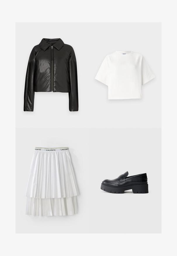 Veste cropped en simili cuir noir avec un col et fermeture zippée. Dispose de longues manches et d'une texture lisse et brillante.; T-shirt blanche surdimensionnée avec des manches raglan courtes, fabriquée en tissu doux. Présente un logo discret sur la poitrine et un col rond.; Jupe plissée blanche avec un design texturé, dotée d'une ceinture élastique à logo. Le matériau a une finition lisse avec des segments superposés.; Mocassin plateforme noir épais avec tige en cuir lisse, sangle décorative et semelle texturée épaisse sur fond blanc.