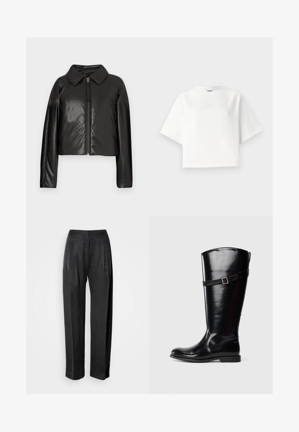 Crna faux kožna skraćena jakna s ovratnikom i zatvaranjem na munju. Ima duge rukave i glatku, sjajnu teksturu.; Bijela oversized majica kratkih raglan rukava, napravljena od mekog materijala. Ima suptilan logo na grudima i okrugli izrez.; Crne široke hlače s ravnim nogavicama od glatke tkanine, s prednjim naborima, patentnim zatvaračem i klasičnim dizajnom pojasa.; Visoka crna kožna čizma s niskom petom i dekorativnom trakom sa srebrnom kopčom oko gornjeg dijela teladi.