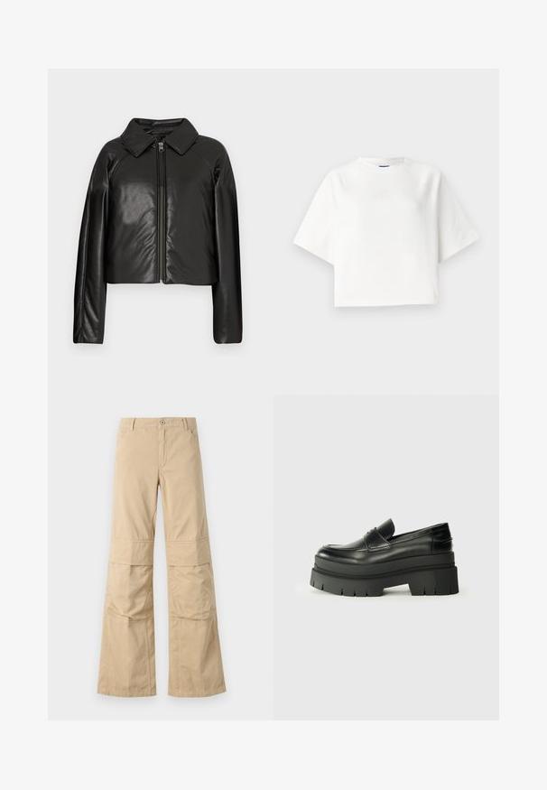 Czarna krótka kurtka z sztucznej skóry z kołnierzykiem i zapięciem na zamek. Posiada długie rękawy oraz gładką, błyszczącą fakturę.; Biała, obszerna koszulka z krótkimi rękawami raglanowymi, wykonana z miękkiego materiału. Ma subtelne logo na piersi i okrągły dekolt.; Beżowe spodnie typu wide-leg o luźnym kroju, wykonane z bawełny, z widocznymi szwami, przednimi kieszeniami i zapięciem na guziki.; Czarne skórzane loafersy z grubą platformą. Okrągły nos, detal szwu z przodu i subtelne akcenty przeszycia. Płaska, teksturowana podeszwa.
