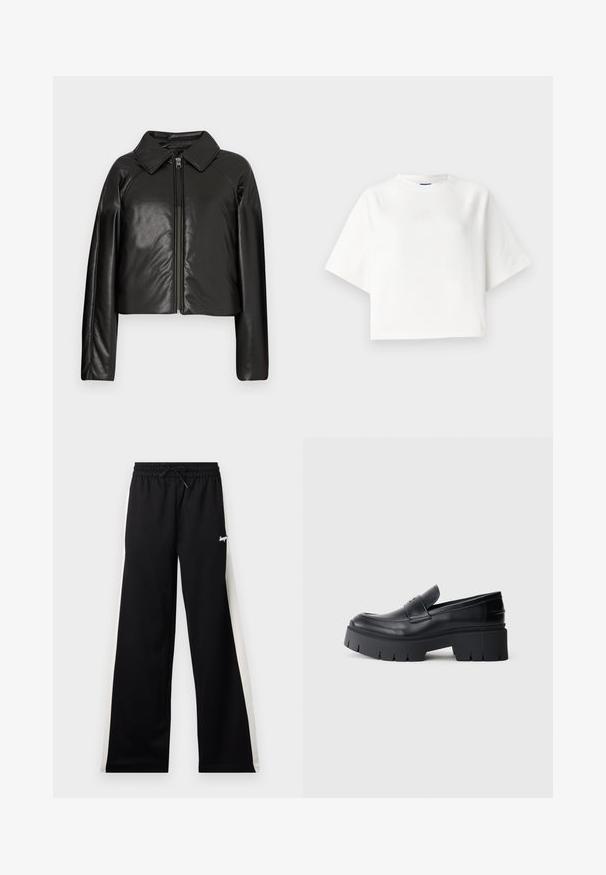 Fekete műbőr cropped dzseki galléros nyakkal és cipzárral. Hosszú ujjú, sima és fényes textúrával rendelkezik.; Fehér, túlméretezett póló, rövid raglánujjakkal, puha anyagból készült. Diszkrét logó található a mellkason és kerek nyakkivágás jellemzi.; Fekete sportnadrág rugalmas derékpánttal, húzózsinórral és kontrasztos fehér oldalsávokkal. Puha, könnyű anyagból készült.; Fekete, vastag talpú loafer, sima bőr felsőrésszel, dekoratív pánttal és vastag, textúrázott talppal, fehér háttéren.