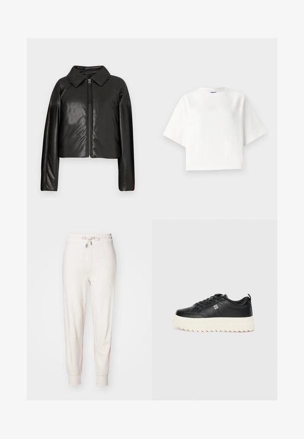 Mustat tekonahkaiset lyhyet takit, joissa on kauluksessa oleva kaulus ja vetoketjukiinnitys. Ominaisuuksiin kuuluu pitkät hihat ja sileä, kiiltävä pinta.; Valkoinen ylisuurikokoinen t-paita, jossa on lyhyet raglan-hihat ja pehmeä kangas. Paidan rintamalla on hillitty logo ja pyöreä pääntie.; Harmaat vaaleat collegehousut, jotka on valmistettu pehmeästä kankaasta. Niissä on joustava vyötärö nauhalla ja ribbireunat nilkoissa.; Mustat nahkakengät, joissa on paksu valkoinen pohja, pyöreä kärki ja litteät nauhat; sivulla on "HUGO"-logo ja rakenteellinen pohja pitoa varten.