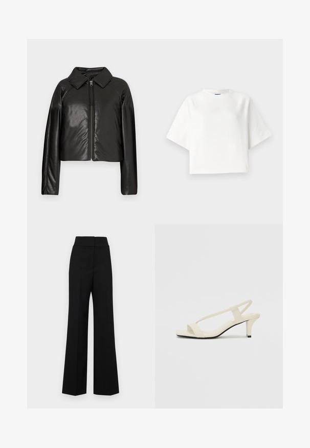 Veste cropped en simili cuir noir avec un col et fermeture zippée. Dispose de longues manches et d'une texture lisse et brillante.; T-shirt blanche surdimensionnée avec des manches raglan courtes, fabriquée en tissu doux. Présente un logo discret sur la poitrine et un col rond.; Pantalons noirs à jambes larges avec une taille haute, présentant une texture lisse et sans quincaillerie ni embellissements visibles.; Sandales beiges à talons carrés avec des fines brides et un bout carré. Matière lisse avec des détails minimaux, conçues pour un port facile.