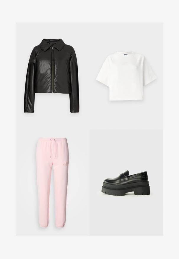 Sort kunstlæder cropped jakke med krave og lynlåslukning. Har lange ærmer og en glat, blank tekstur.; Hvid oversized t-shirt med korte raglanærmer, lavet af blødt stof. Har et diskret logo på brystet og rund halsudskæring.; Lyserøde sweats i blødt stof, med elastisk talje med snøre, tætsiddende manchetter og diskret broderet logo.; Sorte læder loafers med en kraftig platformsål. Rund tå, forkant-søm detalje og subtile syninger. Flad, struktureret ydersål.