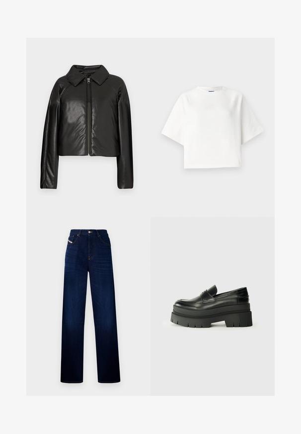 Black faux leather cropped jacket with a collared neckline and zip closure. Features long sleeves and smooth, glossy texture.; White oversized t-shirt with short raglan sleeves, made of soft fabric. Features a subtle logo on the chest and a round neckline.; Dark blue denim jeans with a straight-leg fit, five pockets, and a button closure. Features subtle stitching details and a classic design.; Black leather loafers with a chunky platform sole. Rounded toe, front seam detail, and subtle stitching accents. Flat, textured outsole.