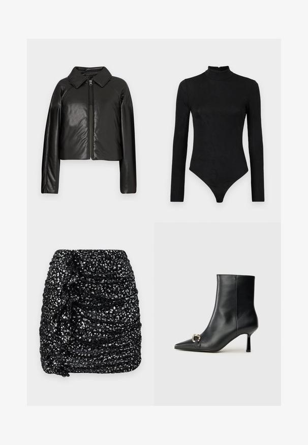 Svart, imitert skinn, cropped jakke med krage og glidelås. Har lange ermer og en jevn, glinsende overflate.; Svart langermet bodysuit med høy hals og subtil tekstur. Har en glidelås på baksiden og et tanga-bunndesign.; Svart mini-skjørt med rynkedetaljer og sølvfargede paljetter, med en teksturert overflate og asymmetrisk design for ekstra visuell interesse.; Sorte lær ankle boot med spiss tå, slank mid-høyde hæl og sølvspenne på siden mot en enkel bakgrunn.