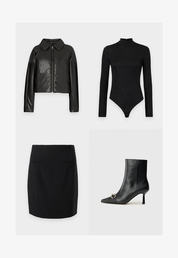 Schwarze Kunstleder-Cropped-Jacke mit Kragen und Reißverschluss. Mit langen Ärmeln und glatter, glänzender Textur.; Schwarzer Langarm-Bodysuit mit hohem Hals und subtiler Textur. Verfügt über einen Reißverschluss hinten und ein Tanga-Design.; Schwarzer Bleistiftrock aus glattem Stoff, mit figurbetontem Schnitt, zwei vorderen Taschen und knielangem Saum.; Schwarze Leder-Stiefelette mit spitzer Zehe, schlankem, mittelhohem Absatz und silberner Schnalle seitlich vor einem schlichten Hintergrund.