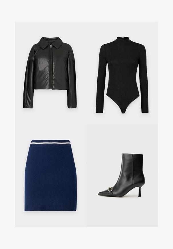 Svart, imitert skinn, cropped jakke med krage og glidelås. Har lange ermer og en jevn, glinsende overflate.; Svart langermet bodysuit med høy hals og subtil tekstur. Har en glidelås på baksiden og et tanga-bunndesign.; Marineblå strikket skjørt med en tettsittende design, som har en ribbet midjebånd med en kontrasterende hvit stripe. Jevn tekstur, over knelengde.; Sorte lær ankle boot med spiss tå, slank mid-høyde hæl og sølvspenne på siden mot en enkel bakgrunn.
