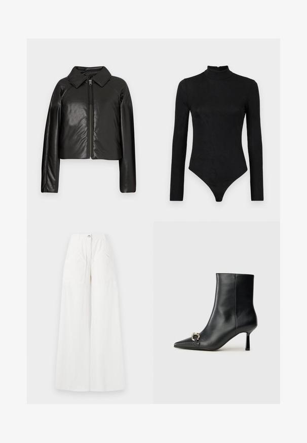 Black faux leather cropped jacket with a collared neckline and zip closure. Features long sleeves and smooth, glossy texture.; Black long-sleeve bodysuit with a high neck and subtle texture. Features a back zipper and a thong bottom design.; White linen wide-leg pants with a high waist, large front pockets, and a single button closure. Soft texture with a relaxed fit.; Black leather ankle boot with pointed toe, slim mid-height heel, and silver buckle detail on side against plain background.