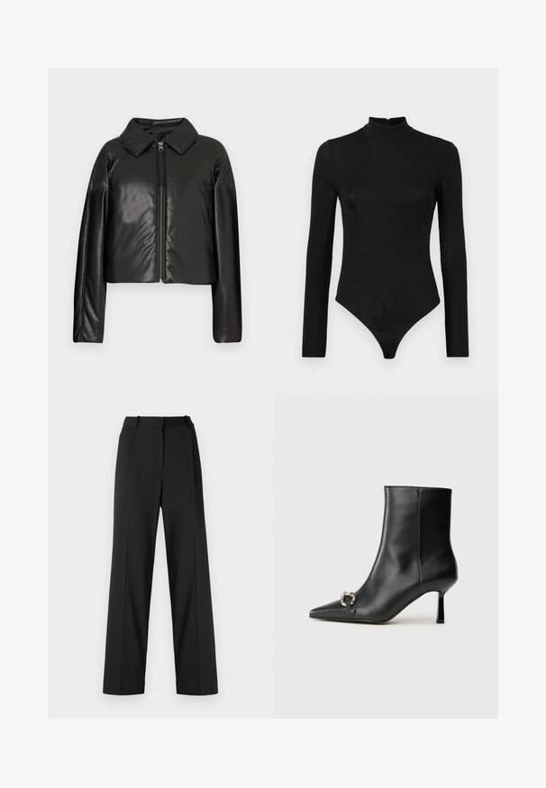 Čierna koženková skrátená bunda s golierom a zipsovým uzáverom. Má dlhé rukávy a hladký, lesklý povrch.; Čierny body s dlhými rukávmi, vysokým golierom a jemnou textúrou. Obsahuje zips na chrbte a dizajn s tangami.; Čierne široké nohavice z hladkého materiálu s vysokým pásom, prešívaným predným dielom a pútkami na opasok. Čistý, prispôsobený dizajn.; Čierna kožená členková obuv s špicatou špičkou, štíhlým stredne vysokým podpätkom a striebornou sponou na boku na jednoduchom pozadí.