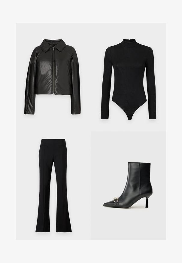 Black faux leather cropped jacket with a collared neckline and zip closure. Features long sleeves and smooth, glossy texture.; Black long-sleeve bodysuit with a high neck and subtle texture. Features a back zipper and a thong bottom design.; Black flared pants made from a smooth fabric with a high waist, featuring two back pockets and a crease down the front of each leg.; Black leather ankle boot with pointed toe, slim mid-height heel, and silver buckle detail on side against plain background.