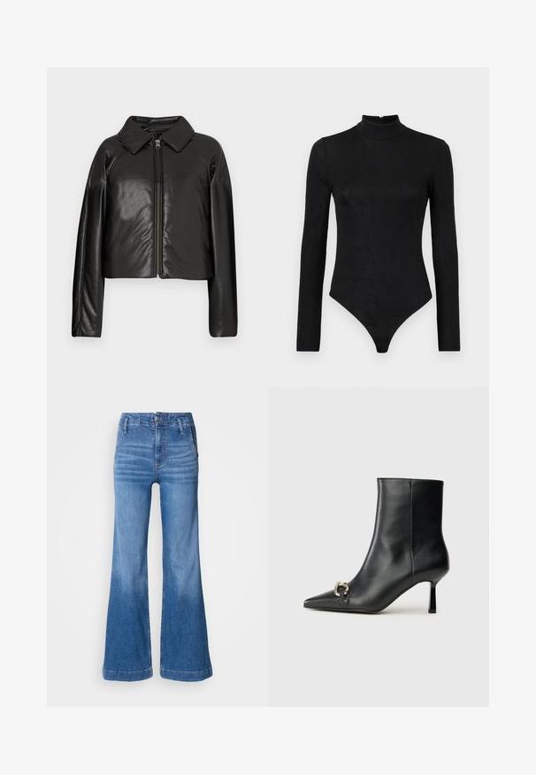 Black faux leather cropped jacket with a collared neckline and zip closure. Features long sleeves and smooth, glossy texture.; Black long-sleeve bodysuit with a high neck and subtle texture. Features a back zipper and a thong bottom design.; Light blue flared jeans made of denim. Features a high waist, front pockets, and a clean hemline with subtle fading on the legs.; Black leather ankle boot with pointed toe, slim mid-height heel, and silver buckle detail on side against plain background.