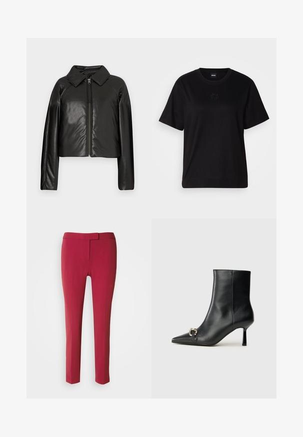 Sort kunstlæder cropped jakke med krave og lynlåslukning. Har lange ærmer og en glat, blank tekstur.; Sort bomulds t-shirt med rund halsudskæring, korte ærmer og et broderet logo på brystet. Enkel, afslappet pasform uden mønstre.; Røde skræddersyede bukser med en glat tekstur, smal pasform og flad front. Designet med en smal talje og uden synlige lommer.; Sort læder ankelstøvle med spidse tæer, slank hæl i mellemhøjde og sølvspænde detaljer på siden mod en ensfarvet baggrund.