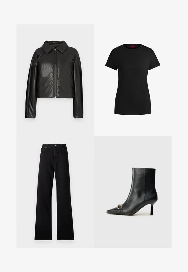 Melnā mākslīgā āda īsā jaka ar apkakles apkakli un rāvējslēdzēja aizdari. Iespējas garas piedurknes un gluda, spīdīga tekstūra.; Melnas kokvilnas t-krekls ar īsām rullējošām piedurknēm, apaļu kakla izgriezumu un sarkanu etiķeti. Gluda tekstūra, pieguļošs siluets ar minimālu dizainu.; Melni platējošie džinsi, izgatavoti no denima, ar piecām kabatām, priekšējo pogu aizdari un smalkiem šuvēm.; Melnā ādas potīšu zābaku ar smailu purngalu, šauru vidēja augstuma papēdi un sudraba sprādzi sānos uz vienkrāsaina fona.