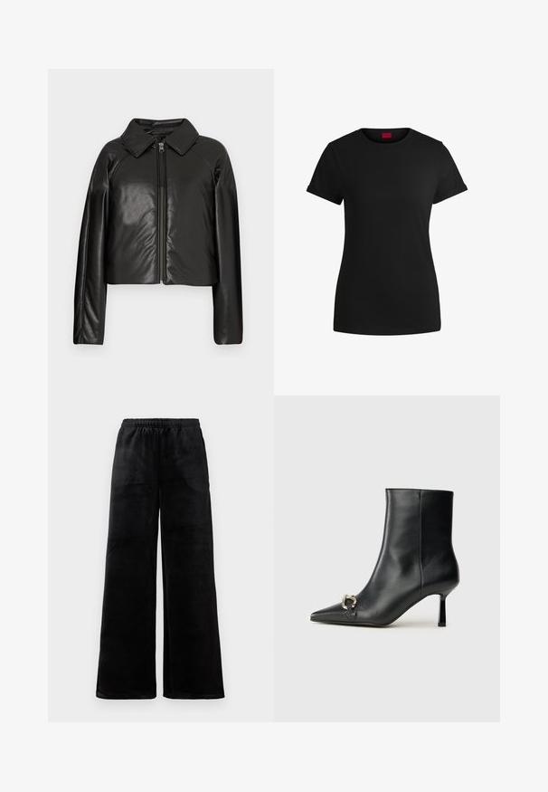 Black faux leather cropped jacket with a collared neckline and zip closure. Features long sleeves and smooth, glossy texture.; Black cotton t-shirt with short rolled sleeves, a round neckline, and a red label. Smooth texture, fitted shape with minimal detailing.; Black wide-leg pants made of soft fabric, featuring an elastic waistband and a smooth texture. Simple design without patterns or accents.; Black leather ankle boot with pointed toe, slim mid-height heel, and silver buckle detail on side against plain background.