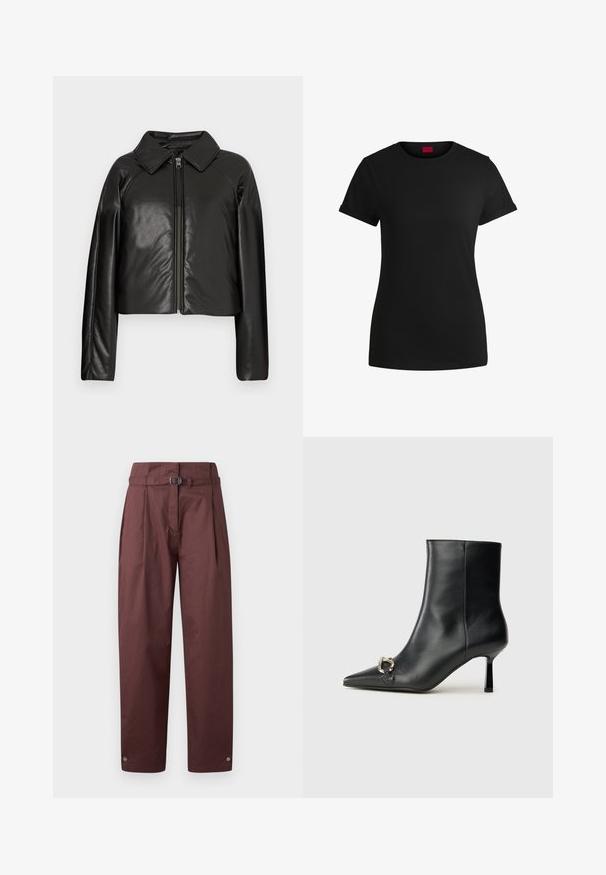 Fekete műbőr cropped dzseki galléros nyakkal és cipzárral. Hosszú ujjú, sima és fényes textúrával rendelkezik.; Fekete pamut póló rövid felgöngyölt mangaszalaggal, kerek nyakkivágással és piros címkével. Sima textúra, megformált szabás minimális részletezéssel.; Burgundi széles szárú nadrág, pamutból készült, derékban övvel, elöl redőzött, a bokasztenjén pedig patentokkal. Simító textúrával, minimalista dizájnnal.; Fekete bőr bokacsizma hegyes orral, vékony közép magasságú sarokkal és ezüst csattal az oldalon, sima háttér előtt.