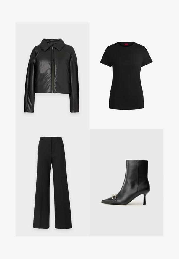 Schwarze Kunstleder-Cropped-Jacke mit Kragen und Reißverschluss. Mit langen Ärmeln und glatter, glänzender Textur.; Schwarzes Baumwoll-T-Shirt mit kurzen, aufgerollten Ärmeln, rundem Halsausschnitt und rotem Etikett. Glatte Textur, taillierte Form mit minimalen Details.; Schwarze weite Hosen mit maßgeschneidertem Design, das eine glatte Textur und subtile Falten an der Vorderseite aufweist. Keine sichtbaren Beschläge oder Muster.; Schwarze Leder-Stiefelette mit spitzer Zehe, schlankem, mittelhohem Absatz und silberner Schnalle seitlich vor einem schlichten Hintergrund.