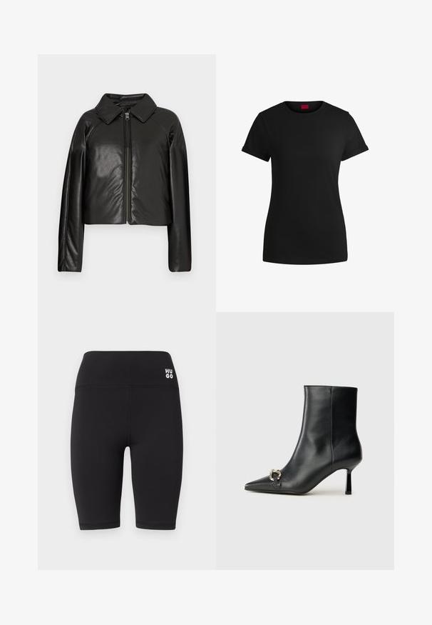 Fekete műbőr cropped dzseki galléros nyakkal és cipzárral. Hosszú ujjú, sima és fényes textúrával rendelkezik.; Fekete pamut póló rövid felgöngyölt mangaszalaggal, kerek nyakkivágással és piros címkével. Sima textúra, megformált szabás minimális részletezéssel.; Fekete kerékpáros nadrág könnyű, rugalmas anyagból. Magas derékkal rendelkezik, elöl fehér "HUGO" logóval.; Fekete bőr bokacsizma hegyes orral, vékony közép magasságú sarokkal és ezüst csattal az oldalon, sima háttér előtt.