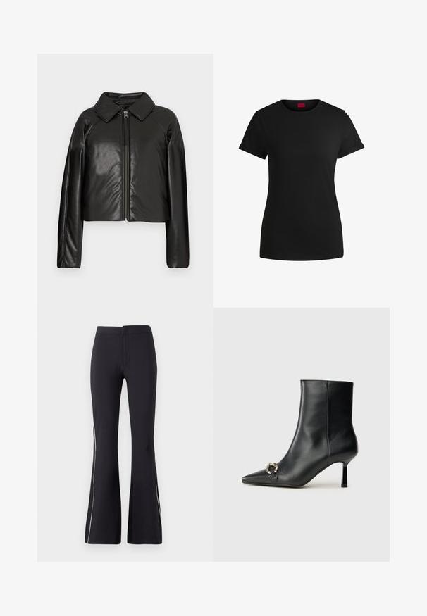 Melnā mākslīgā āda īsā jaka ar apkakles apkakli un rāvējslēdzēja aizdari. Iespējas garas piedurknes un gluda, spīdīga tekstūra.; Melnas kokvilnas t-krekls ar īsām rullējošām piedurknēm, apaļu kakla izgriezumu un sarkanu etiķeti. Gluda tekstūra, pieguļošs siluets ar minimālu dizainu.; Melnas platās bikses izgatavotas no stiepjama auduma. Tām ir gluda faktūra un kontrastējoša balta maluma apdare. Vienkāršs elastīgā josta dizains.; Melnā ādas potīšu zābaku ar smailu purngalu, šauru vidēja augstuma papēdi un sudraba sprādzi sānos uz vienkrāsaina fona.