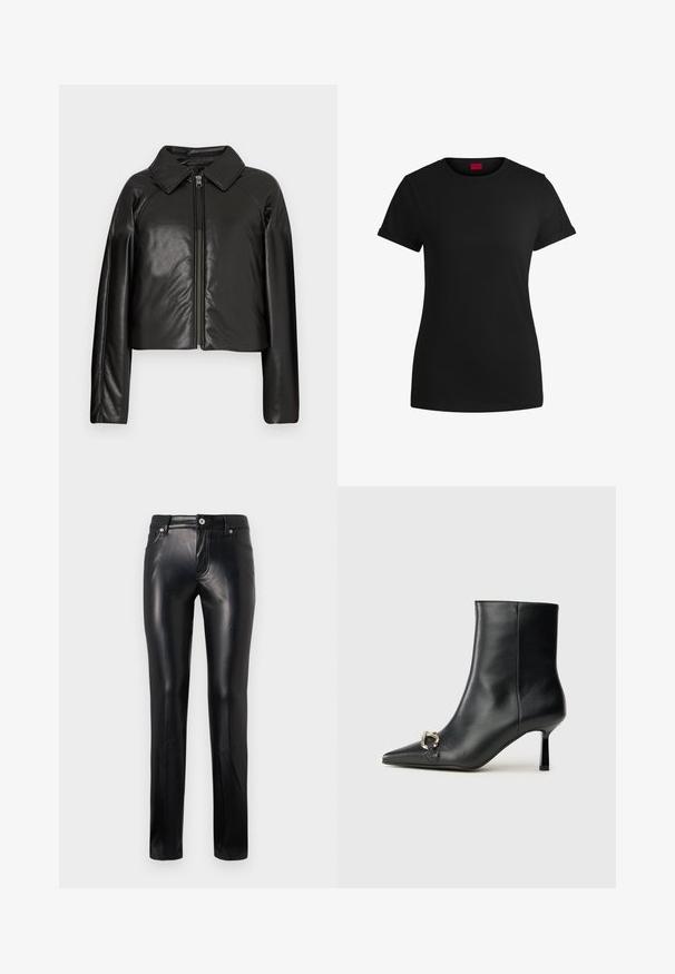 Černá faux kůže zkrácená bunda s límečkem a zipem. Obsahuje dlouhé rukávy a hladký, lesklý povrch.; Černé bavlněné tričko s krátkými rukávy s rolled úpravou, kulatým výstřihem a červenou etiketa. Hladká textura, přiléhavý střih s minimálními detaily.; Černé kožené kalhoty rovného střihu s předním zapínáním na knoflík a zip, poutky na opasek a bočními kapsami, vystavené na bílém pozadí.; Černá kožená kotníková bota s špičatou špičkou, úzkým středně vysokým podpatkem a stříbrnou sponou na straně, na jednobarevném pozadí.