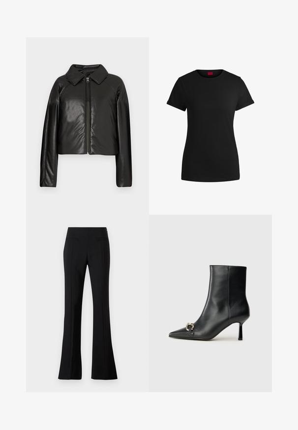 Black faux leather cropped jacket with a collared neckline and zip closure. Features long sleeves and smooth, glossy texture.; Black cotton t-shirt with short rolled sleeves, a round neckline, and a red label. Smooth texture, fitted shape with minimal detailing.; Black flared pants made from a smooth fabric with a high waist, featuring two back pockets and a crease down the front of each leg.; Black leather ankle boot with pointed toe, slim mid-height heel, and silver buckle detail on side against plain background.
