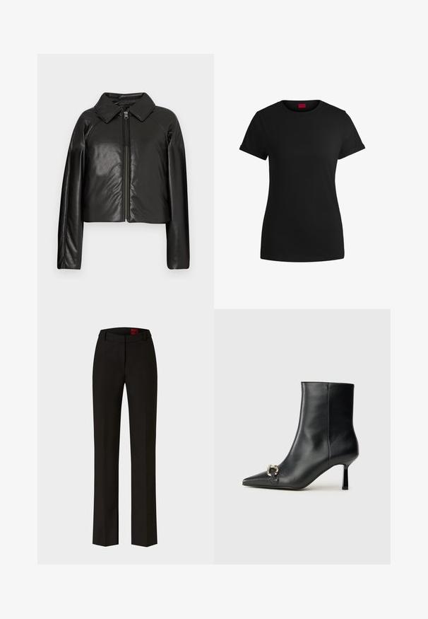 Black faux leather cropped jacket with a collared neckline and zip closure. Features long sleeves and smooth, glossy texture.; Black cotton t-shirt with short rolled sleeves, a round neckline, and a red label. Smooth texture, fitted shape with minimal detailing.; Black tailored trousers with a straight leg and belt loops, featuring a subtle crease down the front and a label visible inside the waistband.; Black leather ankle boot with pointed toe, slim mid-height heel, and silver buckle detail on side against plain background.