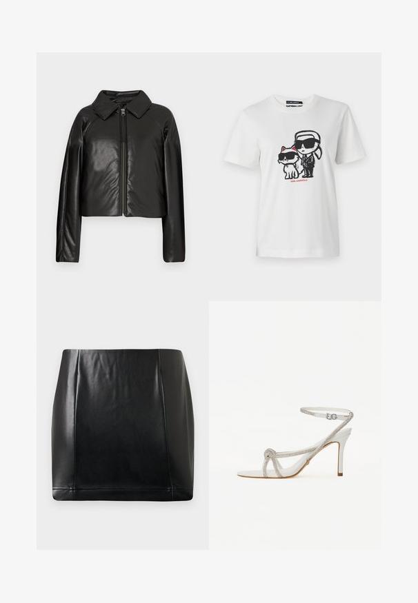 Crna faux kožna skraćena jakna s ovratnikom i zatvaranjem na munju. Ima duge rukave i glatku, sjajnu teksturu.; Bijela pamučna majica s grafikom lika i mačke, oboje u sunčanim naočalama. Dizajn uključuje crne obrube i crvene akcentne boje.; Crna mini suknja od umjetne kože s šavovima na prednjem dijelu i laganim sjajem, položena ravno na neutralnoj pozadini.; Bijela sandala s visokom petom i teksturiranim remenom ukrašenim rhinestones, otvorenog prsta, s remenom oko gležnja i podesivom kopčom.
