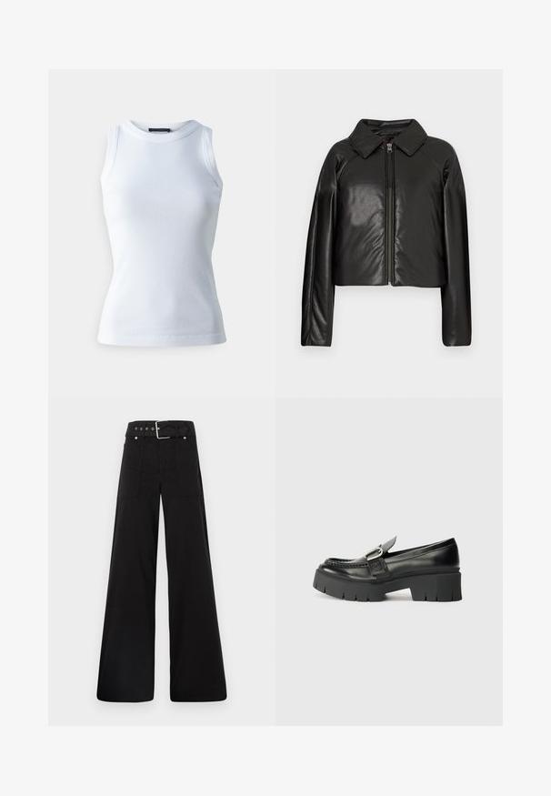Zwarte faux leren cropped jack met een kraag en ritssluiting. Heeft lange mouwen en een soepele, glanzende textuur.; Witte mouwloze top van ribstof, met een ronde halslijn en een getailleerde pasvorm. Soepele textuur, geen zichtbare patronen of accenten.; Zwarte wijde broek van katoen, met een hoge taille, grote zijzakken en een ceintuur met zilverkleurige accenten.; Zwarte leren loafers met een robuuste rubberen zool. Voorzien van een gespaccent en gestikte details langs de bovenkant. Platte hak.
