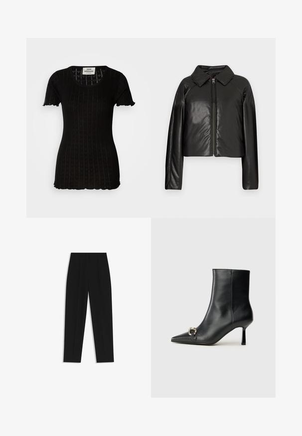 Mustat tekonahkaiset lyhyet takit, joissa on kauluksessa oleva kaulus ja vetoketjukiinnitys. Ominaisuuksiin kuuluu pitkät hihat ja sileä, kiiltävä pinta.; Mustapaita lyhyillä hihoilla, jossa on ribbitekstuuri ja sydänkuvioita. Pyöreä pääntie ja lievästi aallotetut reunat hihoissa ja helmassa.; Mustat housut suoran istuvuuden kanssa, joissa on kaksinkertaiset laskokset, sileä pinta ja klassinen vyötärönauhan muotoilu. Ei näkyviä metalliosia tai koristeita.; Musta nahkasaapas nilkkapituisilla, terävillä kärjillä, hoikalla keskipituisella korolla ja hopeavöillä sivussa yksinkertaista taustaa vasten.