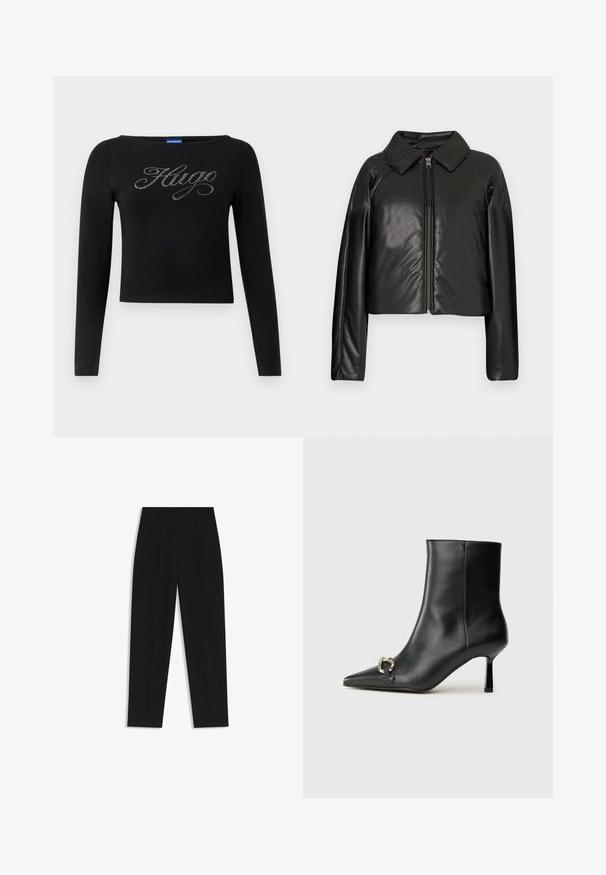 Black faux leather cropped jacket with a collared neckline and zip closure. Features long sleeves and smooth, glossy texture.; Black long-sleeve top with a cropped design and “Hugo” logo in silver rhinestones on the front. Made from stretchy material.; Black trousers with a straight fit, featuring double pleats, a smooth texture, and a classic waistband design. No visible hardware or accents.; Black leather ankle boot with pointed toe, slim mid-height heel, and silver buckle detail on side against plain background.