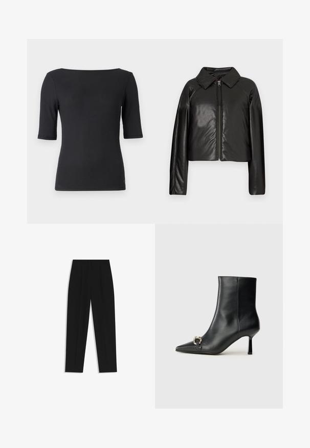 Black faux leather cropped jacket with a collared neckline and zip closure. Features long sleeves and smooth, glossy texture.; Calvin Klein SCOOP BACK - Basic T-shirt - black; Black trousers with a straight fit, featuring double pleats, a smooth texture, and a classic waistband design. No visible hardware or accents.; Black leather ankle boot with pointed toe, slim mid-height heel, and silver buckle detail on side against plain background.