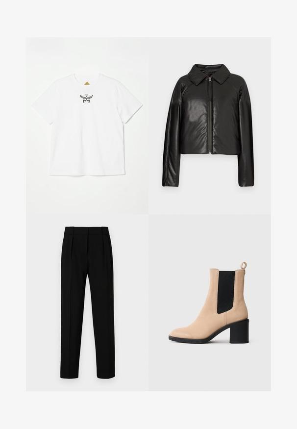 Schwarze Kunstleder-Cropped-Jacke mit Kragen und Reißverschluss. Mit langen Ärmeln und glatter, glänzender Textur.; Weißes Baumwoll-T-Shirt mit einem kleinen schwarzen Logo mit Flügeln und "MCM" in der Mitte auf der Vorderseite. Kurze Ärmel und Rundhalsausschnitt.; Schwarze, maßgeschneiderte Hose mit geradem Schnitt, gefaltetem vorderen Teil, glänzender Oberfläche und mittelhohem Bund. Keine sichtbaren Taschen oder Hardware-Details.; Beige Wildleder-Ankle-Boot mit Blockabsatz, ausgestattet mit einem schwarzen elastischen Einsatz und einer Zuglasche an der Rückseite. Glatte Textur und abgerundete Zehenform.