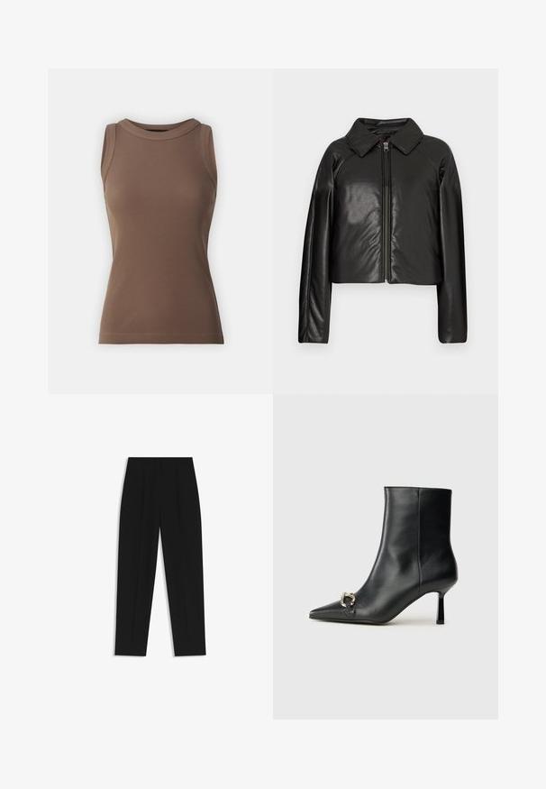 Zwarte faux leren cropped jack met een kraag en ritssluiting. Heeft lange mouwen en een soepele, glanzende textuur.; DRYKORN OLINA - Top - brown; Zwarte broeken met een rechte pasvorm, voorzien van dubbele plooien, een zachte textuur en een klassiek taillebandontwerp. Geen zichtbare hardware of accenten.; Zwarte leren enkelboot met spitse neus, slanke middenhoge hak en zilveren gespdetail aan de zijkant op een effen achtergrond.
