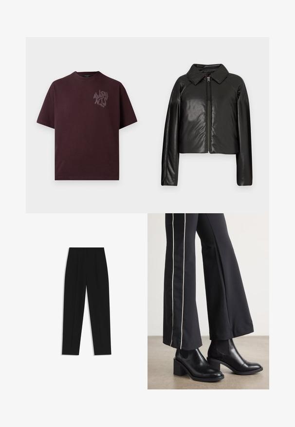 Black faux leather cropped jacket with a collared neckline and zip closure. Features long sleeves and smooth, glossy texture.; Burgundy cotton t-shirt with short sleeves, round neckline, and a subtle graphic logo in darker shade on the left chest.; Black trousers with a straight fit, featuring double pleats, a smooth texture, and a classic waistband design. No visible hardware or accents.; Black leather ankle boots with a block heel, featuring elastic side panels. Paired with black pants that have a white side stripe.